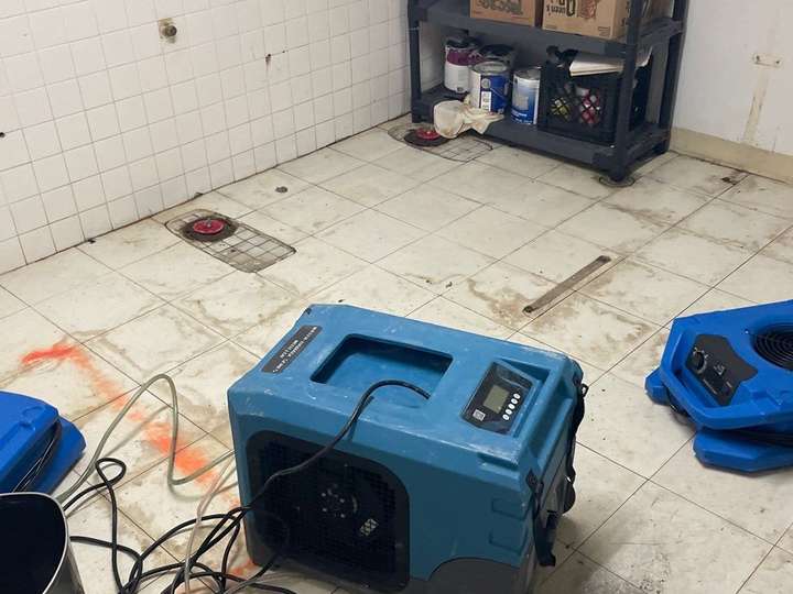 Dehumidifier and air movers in a back room