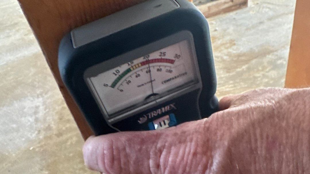 Reel job photo: moisture meter reading on wall framing